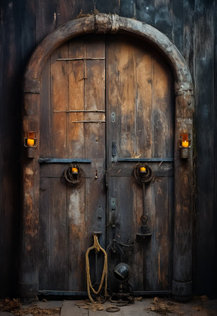 Old wooden door with iron lock and rope. Old wooden door.の素材