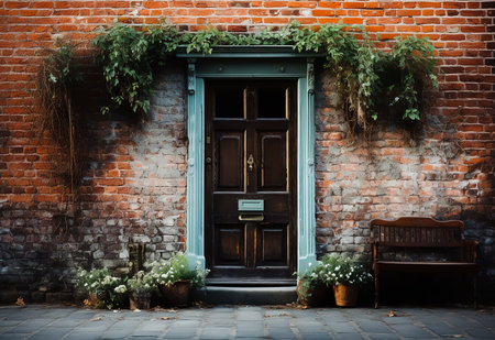 Old wooden door with ivy and chairs on brick wall background.の素材