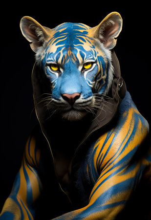 Portrait of a tiger with a leather jacket on a black backgroundの素材