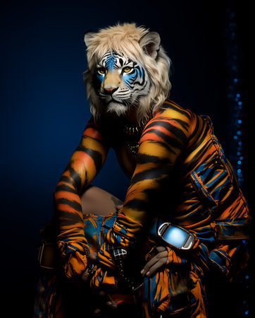 Portrait of a beautiful tiger as a fashion model. Studio shot.の素材