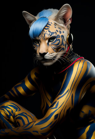 Portrait of a beautiful tiger with blue hair and bodyart.の素材