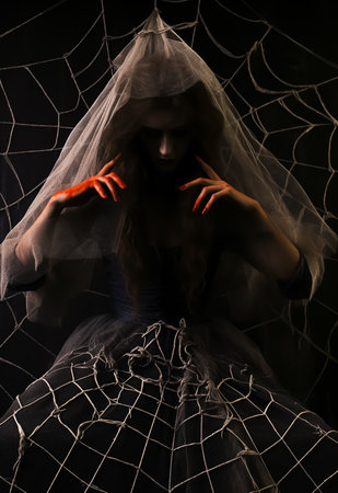 Gothic woman in a veil with spider web on black backgroundの素材