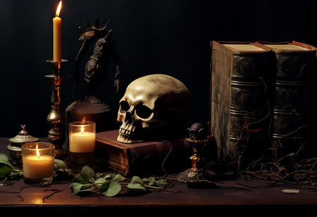 Still life with human skull, books and candle on dark background. Halloween concept.の素材