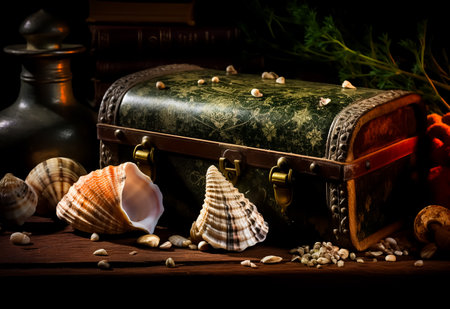 Still life with a treasure chest and seashells on a wooden tableの素材