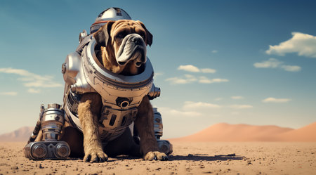 Astronaut dog in the desert. 3D illustration. Vintage style.の素材