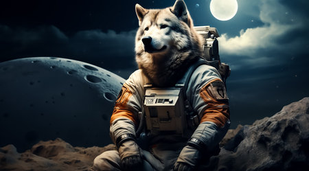 Astronaut with wolf dog on planet. Mixed media. Mixed mediaの素材