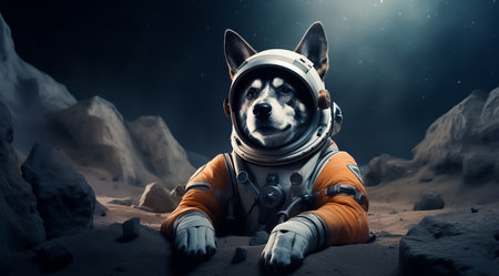 Astronaut dog in spacesuit sitting on the ground. Mixed mediaの素材