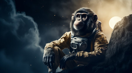 Monkey man in space suit and gas mask. Mixed media. Mixed mediaの素材