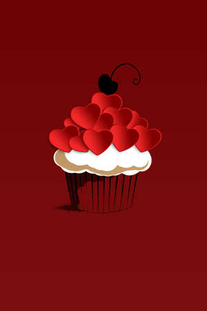 illustration on which red hearts decorate a painted cupcake on a red backgroundの写真素材