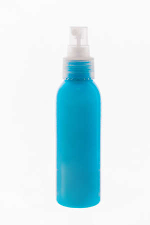 Plastic  spray bottle blue color isolated on white with clipping pathの写真素材