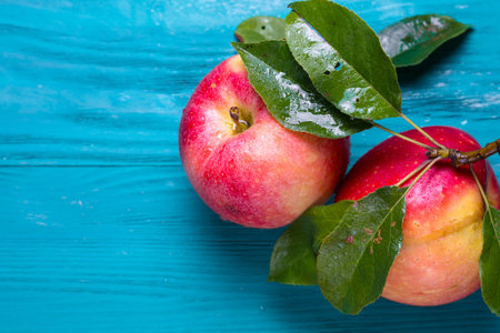 two ripe apples with a branch lie on a wooden background with space for textの写真素材