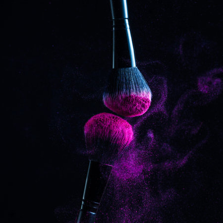 Cosmetic Brushes And Explosion Colorful Powders. Colorful explosion under makeup.の写真素材