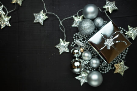 box with a gift on the background of New Years decor