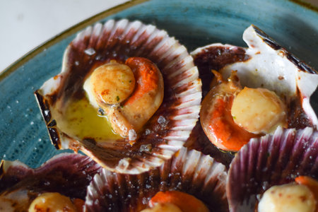 Scallops from the Cantabrian Sea with olive oil and salt in a blue plate. Spanish tapas. North of...