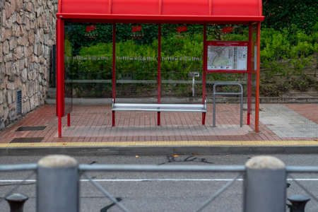 26-10-2018 ALCOBENDAS, AUTONOMOUS COMMUNITY OF MADRID, SPAIN . Empty bus stop. Transportation. Motion.のeditorial素材