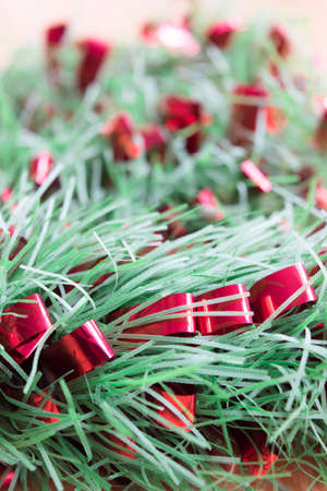 Christmas background. Red and green decoration. Closeup.の写真素材
