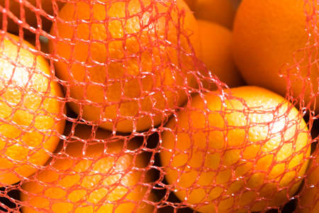 Oranges in a mesh. Closeup.の写真素材
