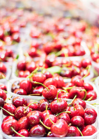Cherries in a market. Colorful cherries in plastic baskets.の写真素材