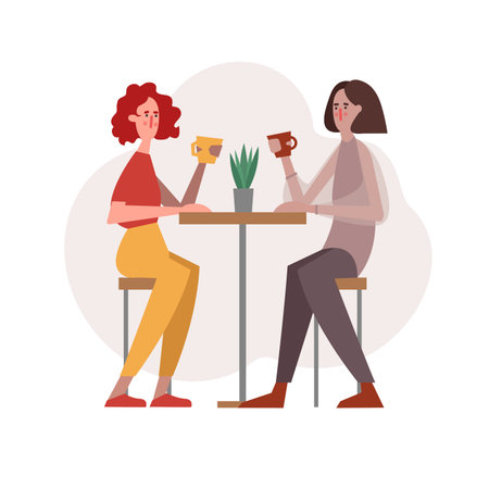 young women have coffee talking, laughingのイラスト素材