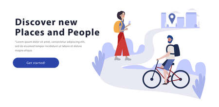 Tourists exploring foreign country vector man ridding by bike and women with baggage cartoon characters. World excursion horizontal concept. Travelers with backpacks on vacation compositionのイラスト素材