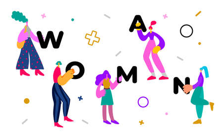 Women hold letters and make up the words woman female support concept vector illustrationのイラスト素材