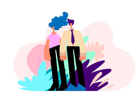 Couple in Love Having Romantic Date in abstract floral background Flat Cartoon Vector Illustartion. Happy Man and Woman Characters in Pairs Holding Hands. First Meeting. Lovely Relationship. Walking on Nature.のイラスト素材