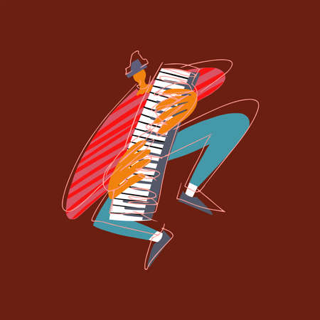Male pianist cartoon character over electric piano. Vector illustration for creating posterのイラスト素材