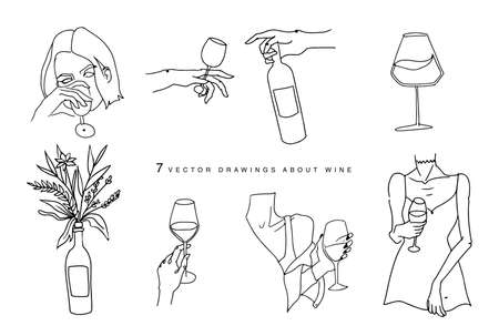 One line drawing set of arm and hand, face and glass of wine and trendy girlsのイラスト素材