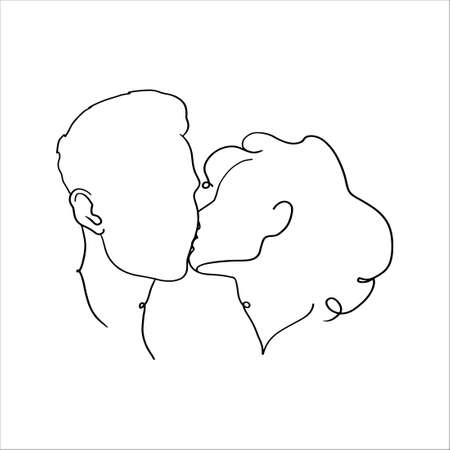 Continuous one drawn single line of romantic kiss of two lovers, newlyweds, young people.Loving couple embracing and kissing, valentines day,women and men in love.Heads of kissingのイラスト素材