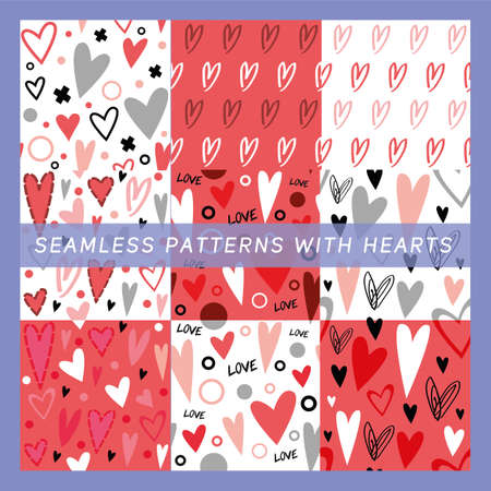 Seamless pattern with hand drawn hearts, Valentines day, decor for postcard, fabric wallartのイラスト素材