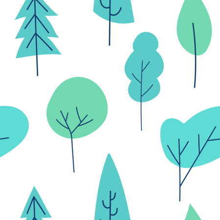 doodle trees seamless pattern on white background use for children bedroom, wallpaper, gift wrap paper, graphic, fabric, fashionのイラスト素材