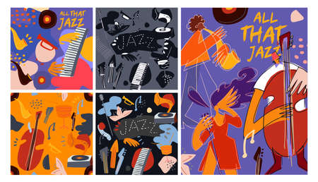 Colorful jazz festival musicians singers and musical instruments poster set flat isolated vector illustrationのイラスト素材