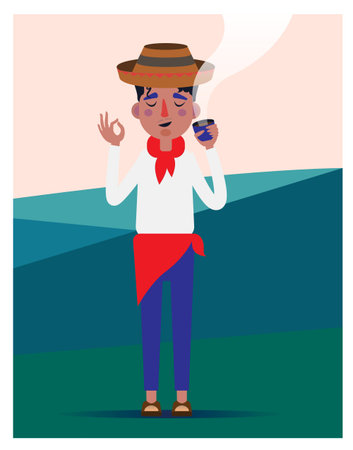 Cartoon colombian man in traditional cloth drink fresh coffee from own farm Vector illustrationのイラスト素材
