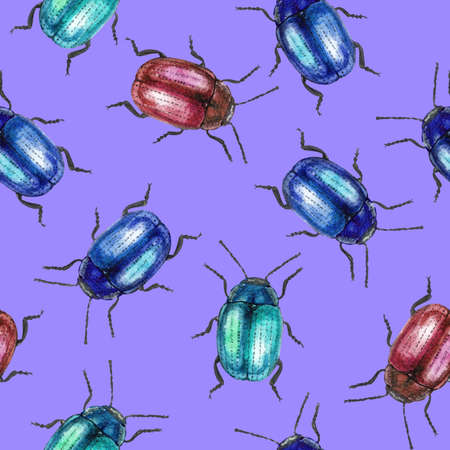 seamless watercolor pattern with bugs on violet backgroundの写真素材