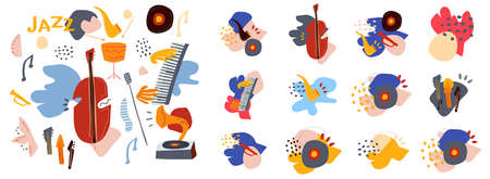 Huge set of illustrations of music instrument and abstract elements, perfect for print, poster, social media, blog, jazz event, vinyl store, etc.のイラスト素材