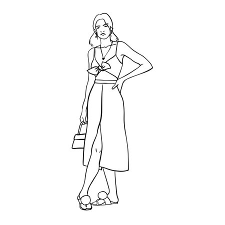 Vector illustration of a woman figure one-line drawing, contour drawing of girl, simple. Girl with her black underwearのイラスト素材