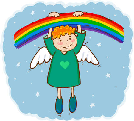 illustration of little smiling angel and rainbowのイラスト素材