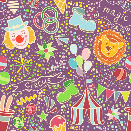 Cute vector seamless pattern with baloons banners animals and oter circus elementsのイラスト素材