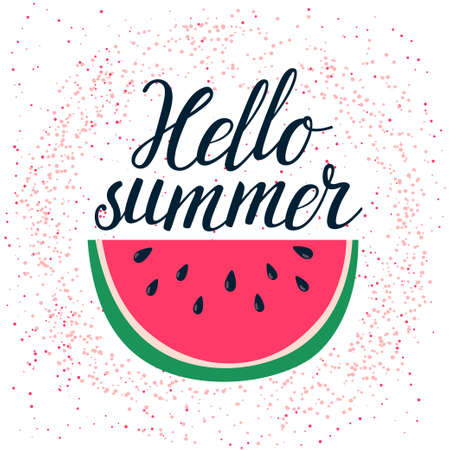 Vector summer background with hand drawn slice of watermelon and hand written text "Hello summer". Bright poster with letterng and grunge texture.のイラスト素材