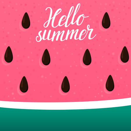 Bright watermelon background with hand written text "Hello summer". Beautiful summer background. Colorful card with watermelon slice and lettering element.のイラスト素材