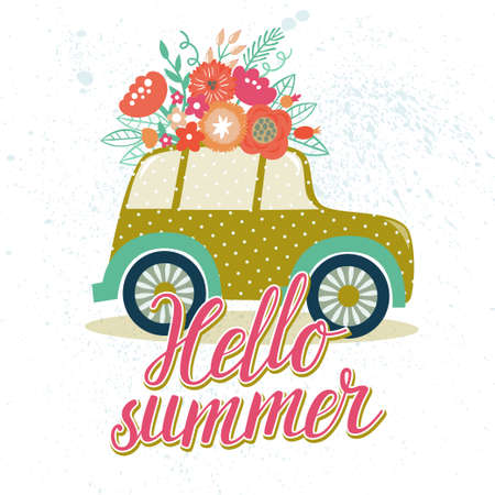 Vector summer illustration with vintage car, bright beautiful flowers and hand written text "Hello summer". Summer poster design.のイラスト素材