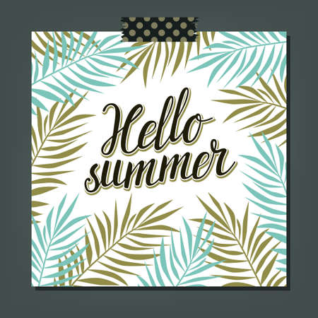 Summer background with frame from palm leaves and hand written text "Hello summer". Vector vintage poster with natural ornament.のイラスト素材