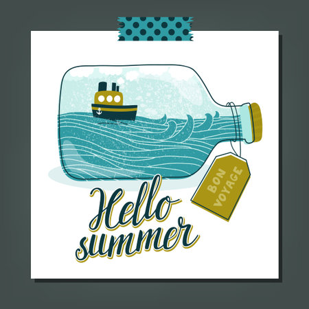 Vector summer background with bottle, waves, ship and label with text "Have a nice trip" in french. Travel sea concept. Creative vintage summer illustration and hand written text "Hello summer"のイラスト素材