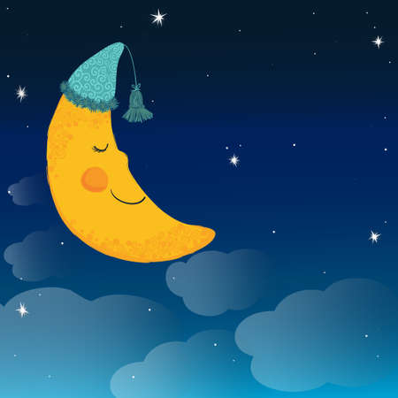 Vector background with night sky and sleeping smiling moon in the nightcap.のイラスト素材