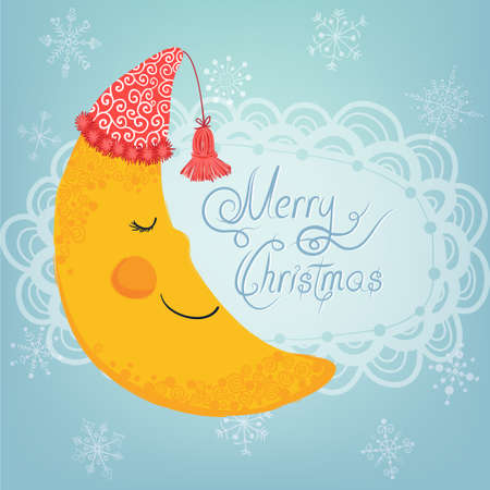 Vector card with sleeping smiling moon in red cap ant text "Merry Christmas" on the blue backgroundのイラスト素材