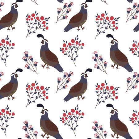 Vector seamless pattern with cute smiling quails and floral elements on the white backgroundのイラスト素材
