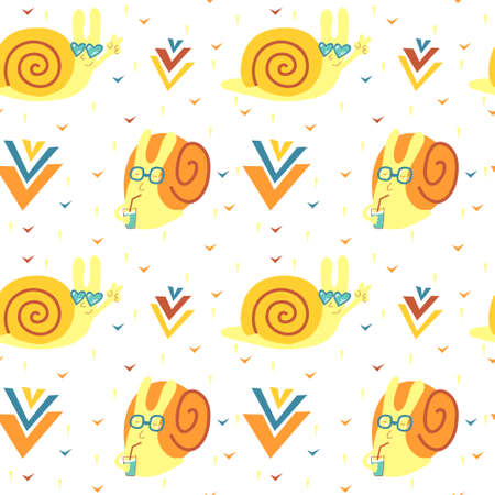Vector seamless pattern with funny cute snailes and decor elementsのイラスト素材