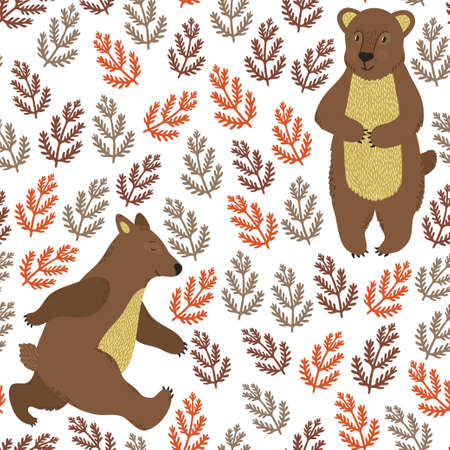 Vector seamless pattern with cute bears and floral elements on the white backgroundのイラスト素材
