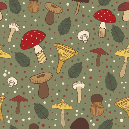 Vector seamless pattern with different mushrooms and leaves on the green background. Hand drawing forest background.のイラスト素材