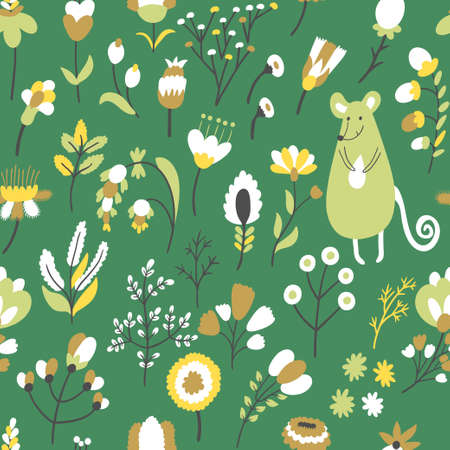 Vector seamless pattern with different floral elements: flowers, berries, leaves and branches and cute little mouse. Natural hand drawing texture with smiling cartoon characterのイラスト素材